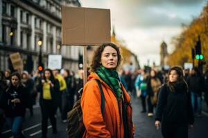 uma solitário figura em pé resoluto com uma Tempo para mudança cartaz seus voz juntando uma coro do demandas para clima açao foto