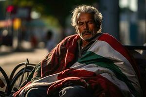 sem teto homem dormindo em a calçada embrulhado dentro a México bandeira foto