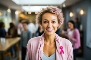 uma bravo mulher sorridente com dela Apoio, suporte grupo a comemorar dela vitória sobre seio Câncer esvaziar espaço para texto foto