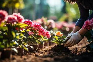 uma mulher plantio flores dentro uma jardim simbolizando crescimento e renovação depois de dela seio Câncer tratamento foto
