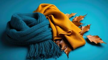 laranja e azul listrado tricotado chapéus e cachecol para a frio temporadas. bordo folhas e caloroso roupas. criada com generativo al tecnologia foto