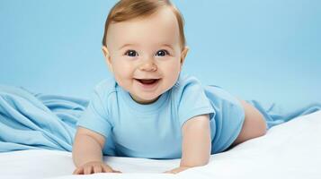 feliz sorridente bebê mentiras em a cama criada com generativo al tecnologia. foto