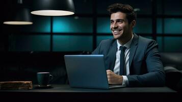 moderno escritório retrato do uma sorridente homem de negocios trabalho em computador portátil criada com generativo al tecnologia foto