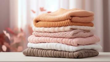 tricotado de lã roupas, depois de lavando. fechar-se. inverno e outono caloroso acolhedor blusas criada com generativo al tecnologia foto