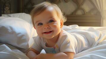 feliz sorridente bebê mentiras em a cama criada com generativo al tecnologia. foto