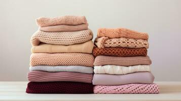 tricotado de lã roupas, depois de lavando. fechar-se. inverno e outono caloroso acolhedor blusas criada com generativo al tecnologia foto