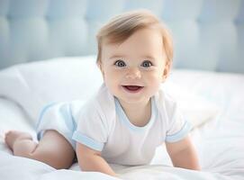 feliz sorridente bebê mentiras em a cama criada com generativo al tecnologia. foto