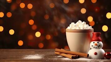 quente beber com marshmallows e doce bengala dentro vermelho caneca. abeto cones, especiarias dentro a fundo. acolhedor sazonal feriados criada com generativo al tecnologia foto