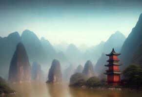 chinês estilo panorama rio majestoso montanha tradicional construção têmpora, ai generativo foto