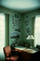 retro vintage quarto interior estude cadeira mesa, ai generativo foto