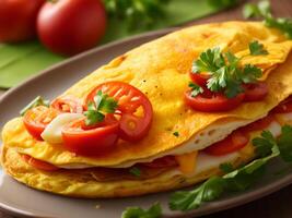 delicioso Comida omelete com tomate fatia em placa, ai generativo foto