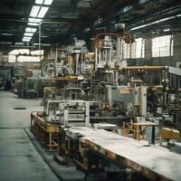 moderno fábrica interior com mecânico máquinas, ai generativo foto