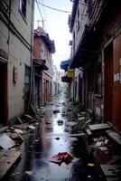 realista foto do abandonado beco com detritos lixo em a rua, ai generativo