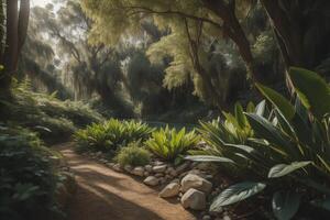 caminho dentro a tropical jardim com verde plantas e árvores às pôr do sol. generativo ai foto