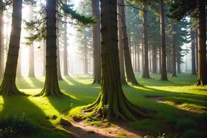 uma panorama do encantado floresta árvore e etéreo brilho luz solar foto