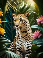 fotografia retrato do leopardo dentro exuberante selva com flores, generativo ai foto