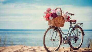 bicicleta com uma cesta senta em topo do areia perto a oceano foto