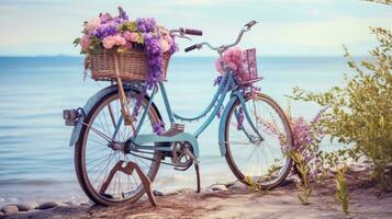 bicicleta com uma cesta senta em topo do areia perto a oceano foto