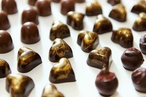 sortimento do lindo luxuoso Belga chocolate doces, trufas e bombons com dourado enfeite dentro coração forma em uma branco fundo foto