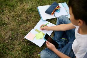 a sobrecarga Visão do uma fofa esperto escola Garoto estudando dentro a parque, sentado em verde Relva e resolução matemática tarefa, usando Smartphone e Móvel formulários, fazer notas em caderno e pasta de trabalho. foto