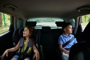 curvado crianças, Garoto e garota, viajando dentro uma segurança reforço assento dentro a carro. seguro viagem com crianças dentro a carro foto