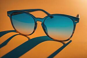 oculos de sol dentro a ferro quadro, Armação com azul lentes em a laranja fundo. generativo ai foto