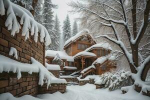 lindo de madeira casa dentro a inverno floresta. coberto de neve árvores generativo ai foto