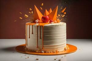 aniversário bolo com laranja papel coroa e confete em a topo. generativo ai foto