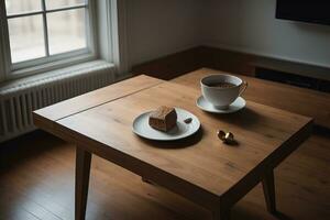 copo do café em uma de madeira mesa dentro uma moderno vivo sala. generativo ai foto