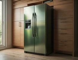 moderno cozinha interior com verde geladeira. generativo ai foto