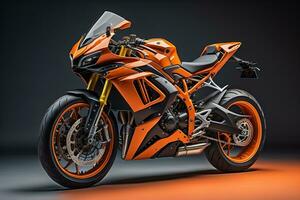moderno poderoso super Esportes motocicleta em uma Sombrio fundo. generativo ai foto