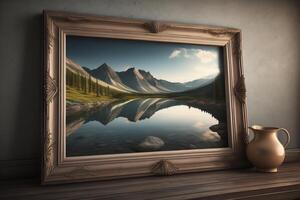 cenário quadro, Armação em uma de madeira mesa com lago e montanhas dentro a fundo. generativo ai foto