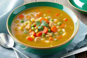 vegetal sopa com frango e legumes dentro tigela em de madeira mesa. generativo ai foto