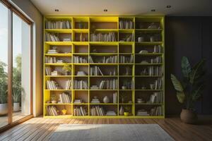 amarelo estantes de livros com livros dentro moderno interior. generativo ai foto