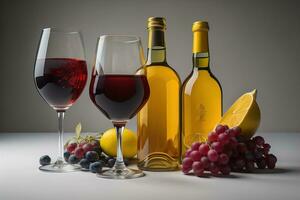 garrafas e óculos do vermelho e branco vinho com uvas e limão. generativo ai foto