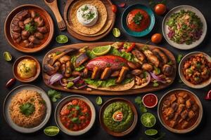 sortido mexicano Comida Incluindo tacos, guacamole, frango filé, milho Tortas, legumes e molhos em Sombrio fundo. generativo ai foto