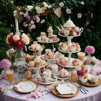 refeições Casamento bufê com bolos de copo, Macarrão e de outros doces. generativo ai foto