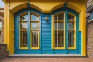 colorida de madeira casa com amarelo e azul janelas e persianas. generativo ai foto