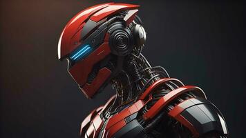 cyborg robô com vermelho capacete em Sombrio fundo. generativo ai foto