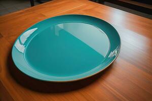esvaziar azul prato em a de madeira mesa. generativo ai foto