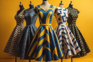 elegante vestidos em manequins em amarelo fundo. generativo ai foto