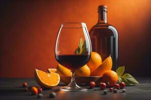 vidro do vermelho vinho com laranja e bagas em uma Sombrio fundo. generativo ai foto