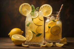 limonada com limão e hortelã dentro uma vidro em uma de madeira fundo. generativo ai foto
