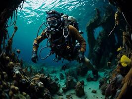 mergulho mergulhador explorando a embaixo da agua mundo dentro uma tropical coral recife. generativo ai foto