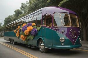 vintage ônibus com flores em a estrada dentro a cidade, generativo ai foto