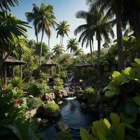 tropical jardim com cascata e Palma árvores dentro bali Indonésia. generativo ai foto