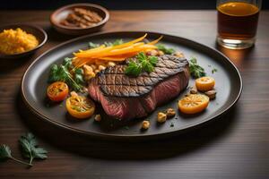 fatiado carne bife com salsinha em uma placa. ai generativo foto