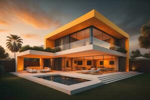 moderno acolhedor casa com piscina e estacionamento, luxuoso estilo e lindo paisagismo em fundo. ai generativo foto