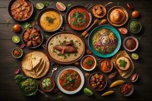 topo Visão do diferente indiano pratos em Sombrio fundo. indiano cozinha. ai generativo foto