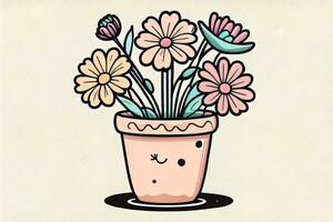 ilustração do uma vaso de flores com Rosa e azul flores em uma cinzento fundo. ai generativo foto